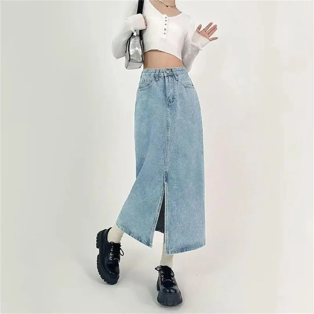 Women Slit A-Line Denim Skirt for Spring High-Waisted Jeans Skirt Light Blue Casual Vintage Clothing Skirt