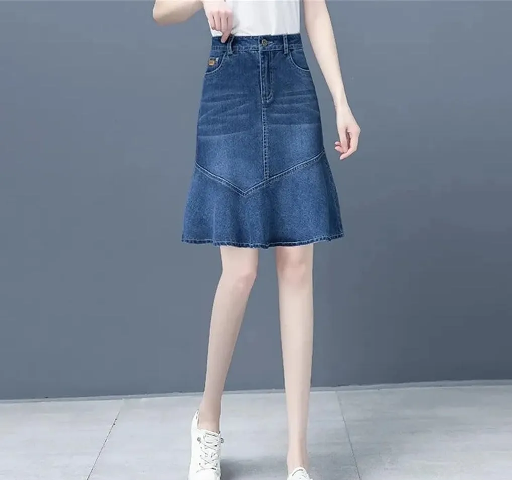 Women Spring Summer High-Waisted Ruffle A-Line Jeans Skirt Package HIPS Mini Denim Skirts