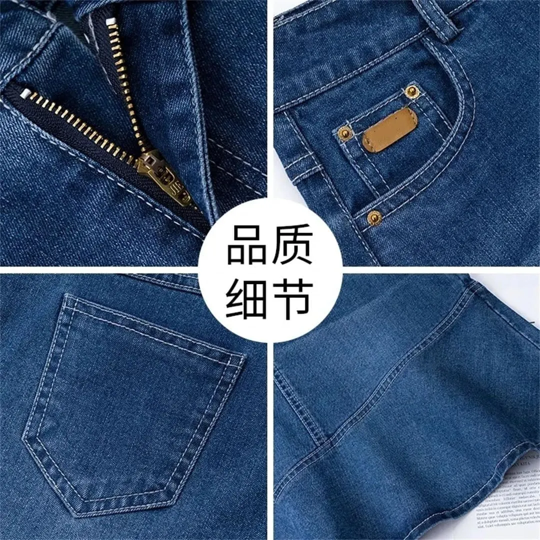 Women Spring Summer High-Waisted Ruffle A-Line Jeans Skirt Package HIPS Mini Denim Skirts