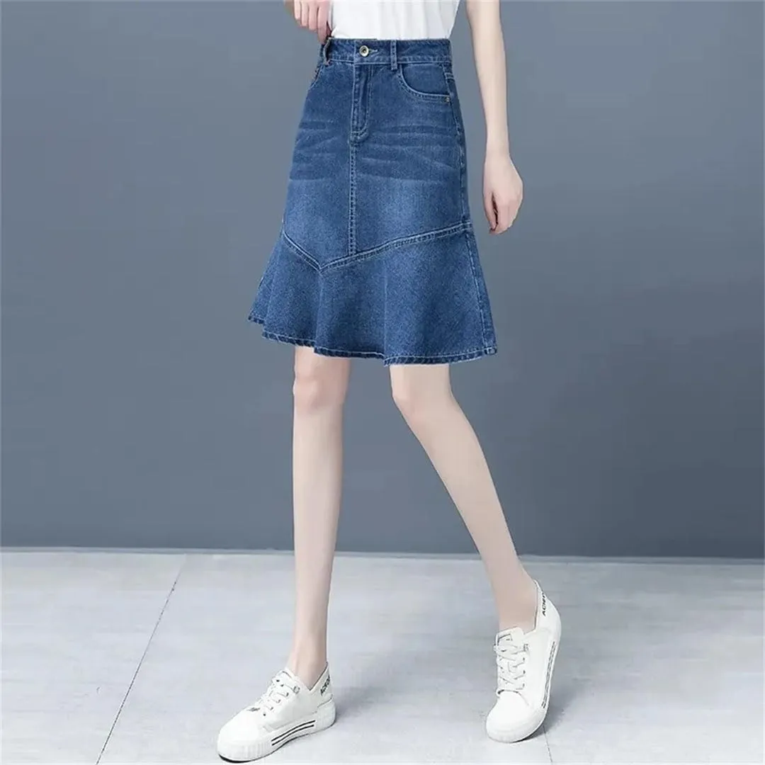 Women Spring Summer High-Waisted Ruffle A-Line Jeans Skirt Package HIPS Mini Denim Skirts