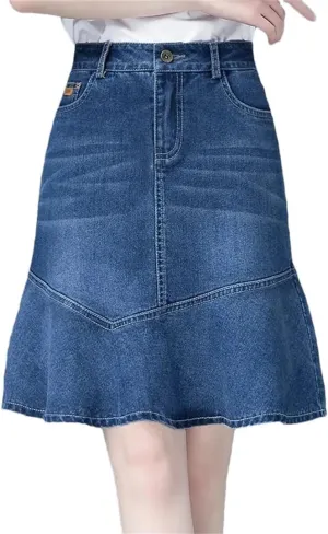 Women Spring Summer High-Waisted Ruffle A-Line Jeans Skirt Package HIPS Mini Denim Skirts