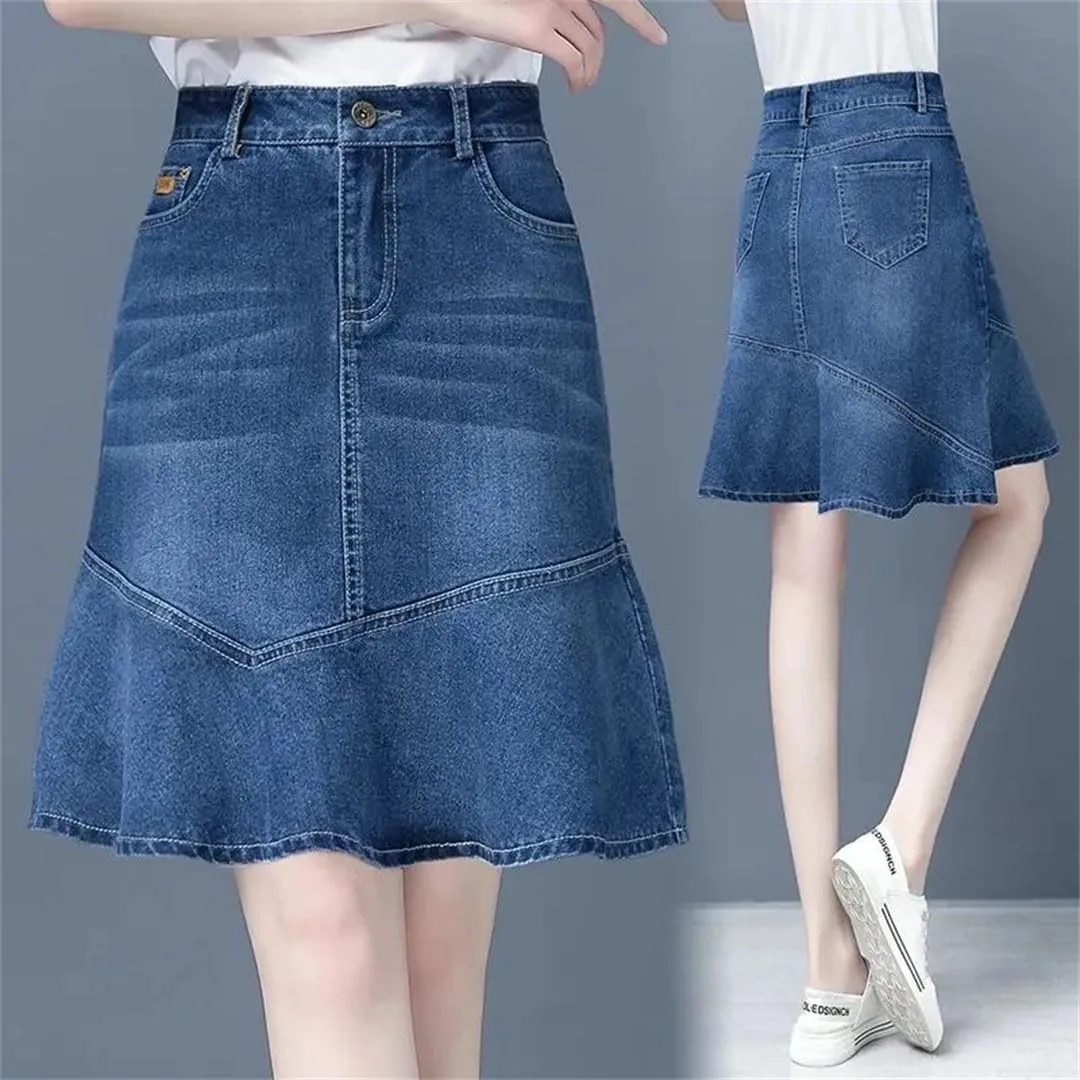 Women Spring Summer High-Waisted Ruffle A-Line Jeans Skirt Package HIPS Mini Denim Skirts