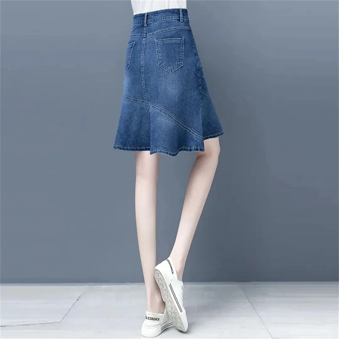 Women Spring Summer High-Waisted Ruffle A-Line Jeans Skirt Package HIPS Mini Denim Skirts