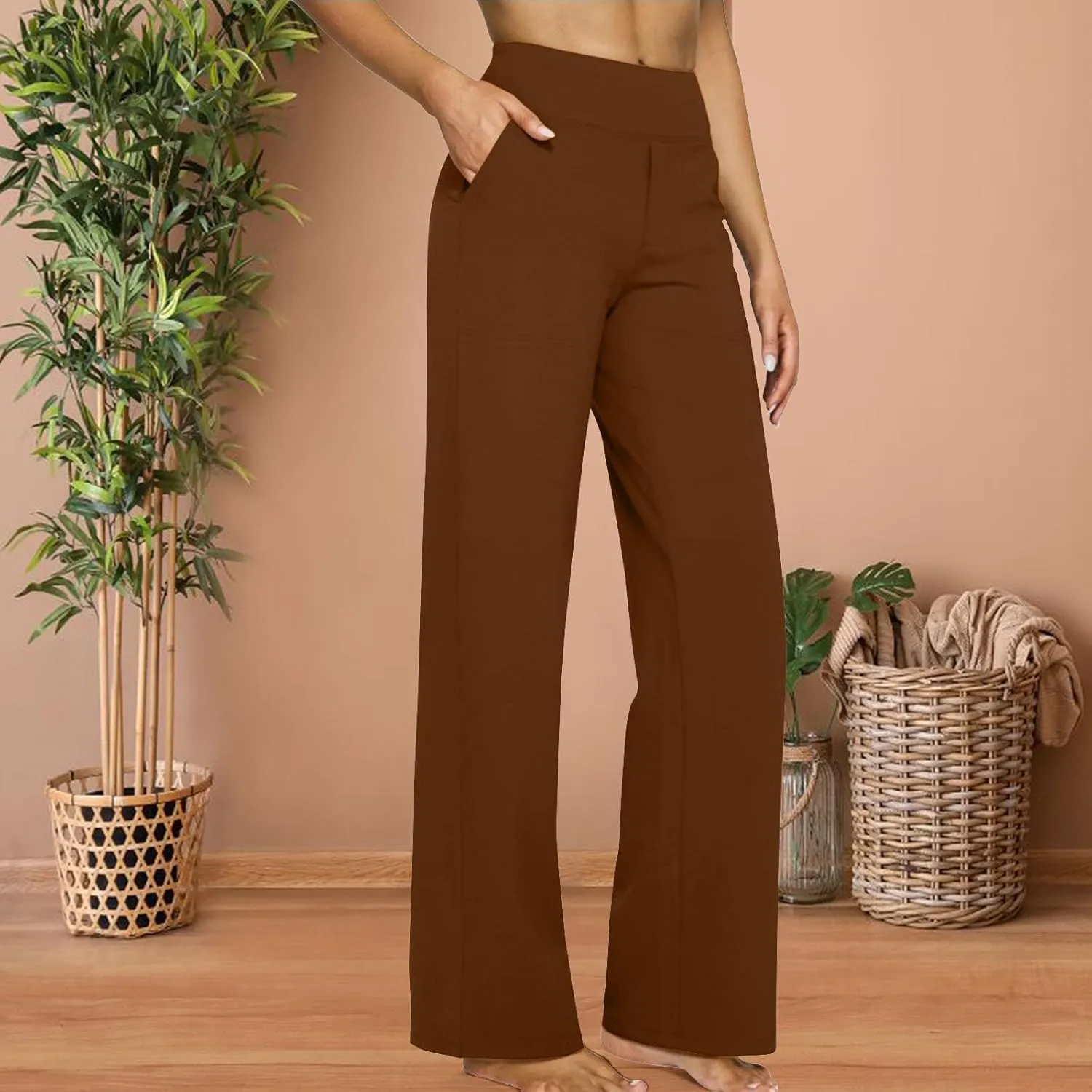 Women Yoga Pants High Waist Wide Leg Work Pants Comfy Stretch Lounge Trousers Solid Flare Sweatpants with Pockets