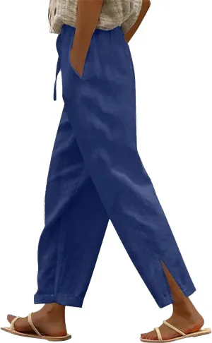 Women's 2025 Summer Pants Drawstring Waist Wide Leg Loose Cotton Linen Palazzo Pants Casual Beach Trendy Trousers