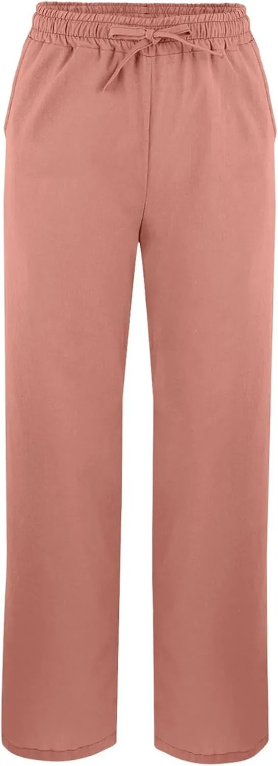 Women's 2025 Summer Pants Drawstring Waist Wide Leg Loose Cotton Linen Palazzo Pants Casual Beach Trendy Trousers