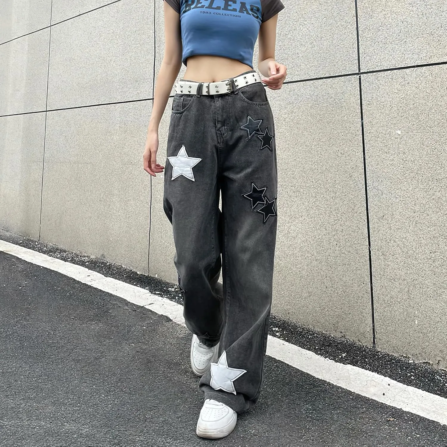 Women's Baggy Jeans Y2K Star Print High Waist Wide Leg Pants Casual E-Girl 90s Vintage Denim Trousers Streetwear