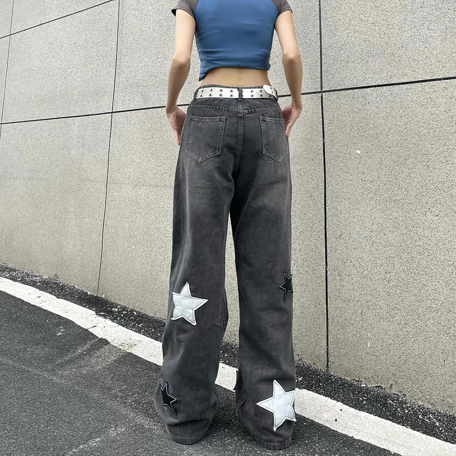 Women's Baggy Jeans Y2K Star Print High Waist Wide Leg Pants Casual E-Girl 90s Vintage Denim Trousers Streetwear