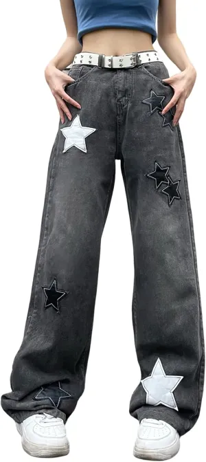 Women's Baggy Jeans Y2K Star Print High Waist Wide Leg Pants Casual E-Girl 90s Vintage Denim Trousers Streetwear