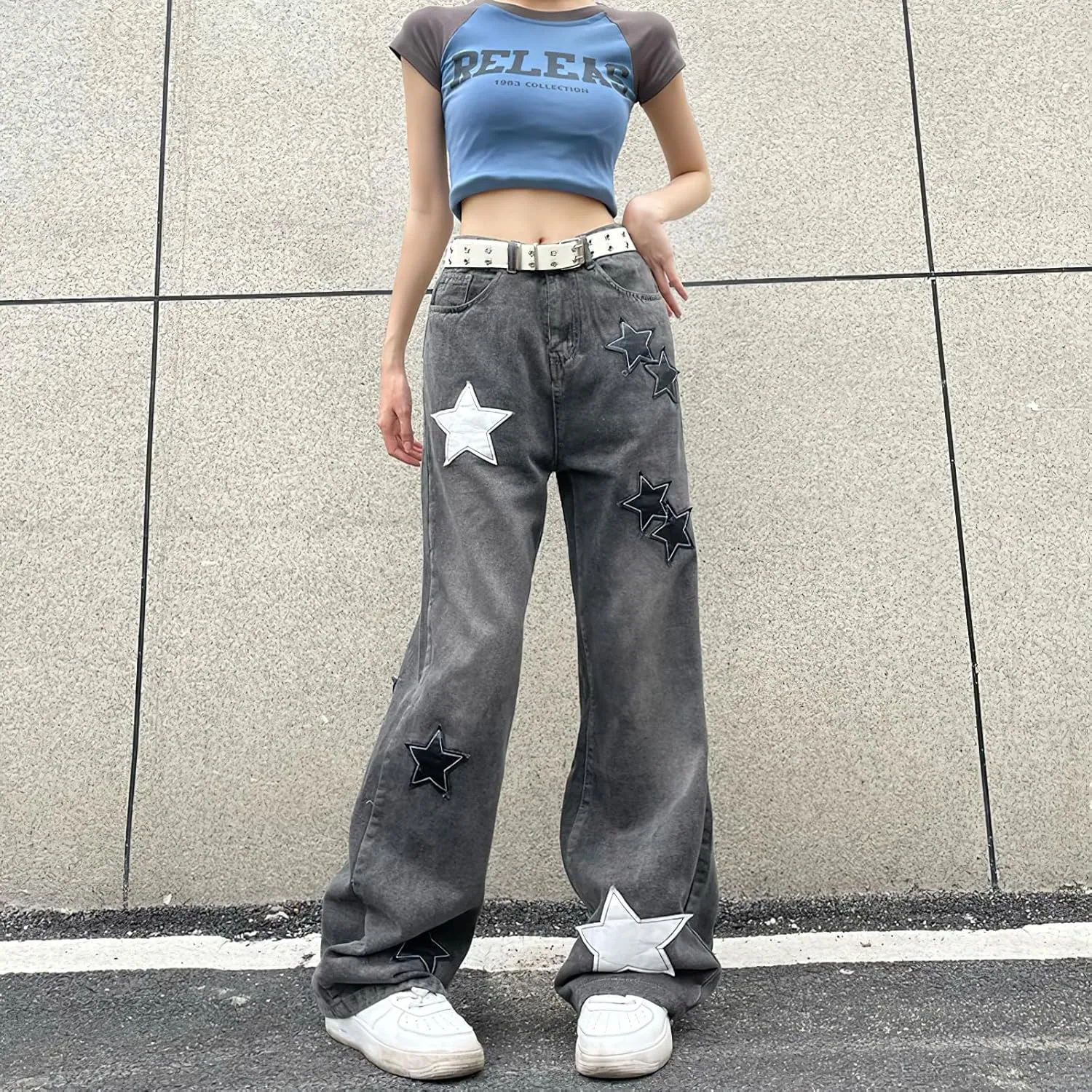 Women's Baggy Jeans Y2K Star Print High Waist Wide Leg Pants Casual E-Girl 90s Vintage Denim Trousers Streetwear