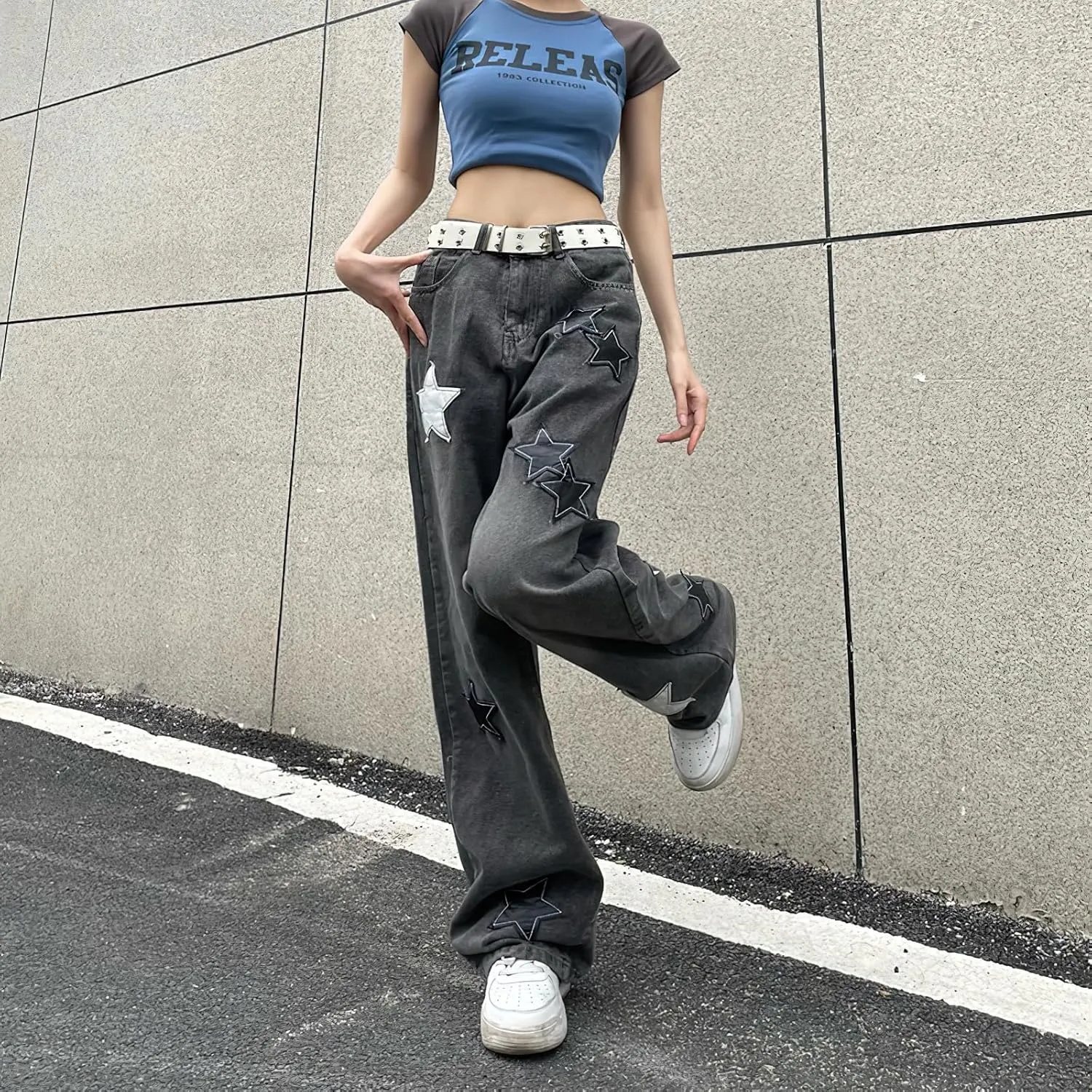 Women's Baggy Jeans Y2K Star Print High Waist Wide Leg Pants Casual E-Girl 90s Vintage Denim Trousers Streetwear