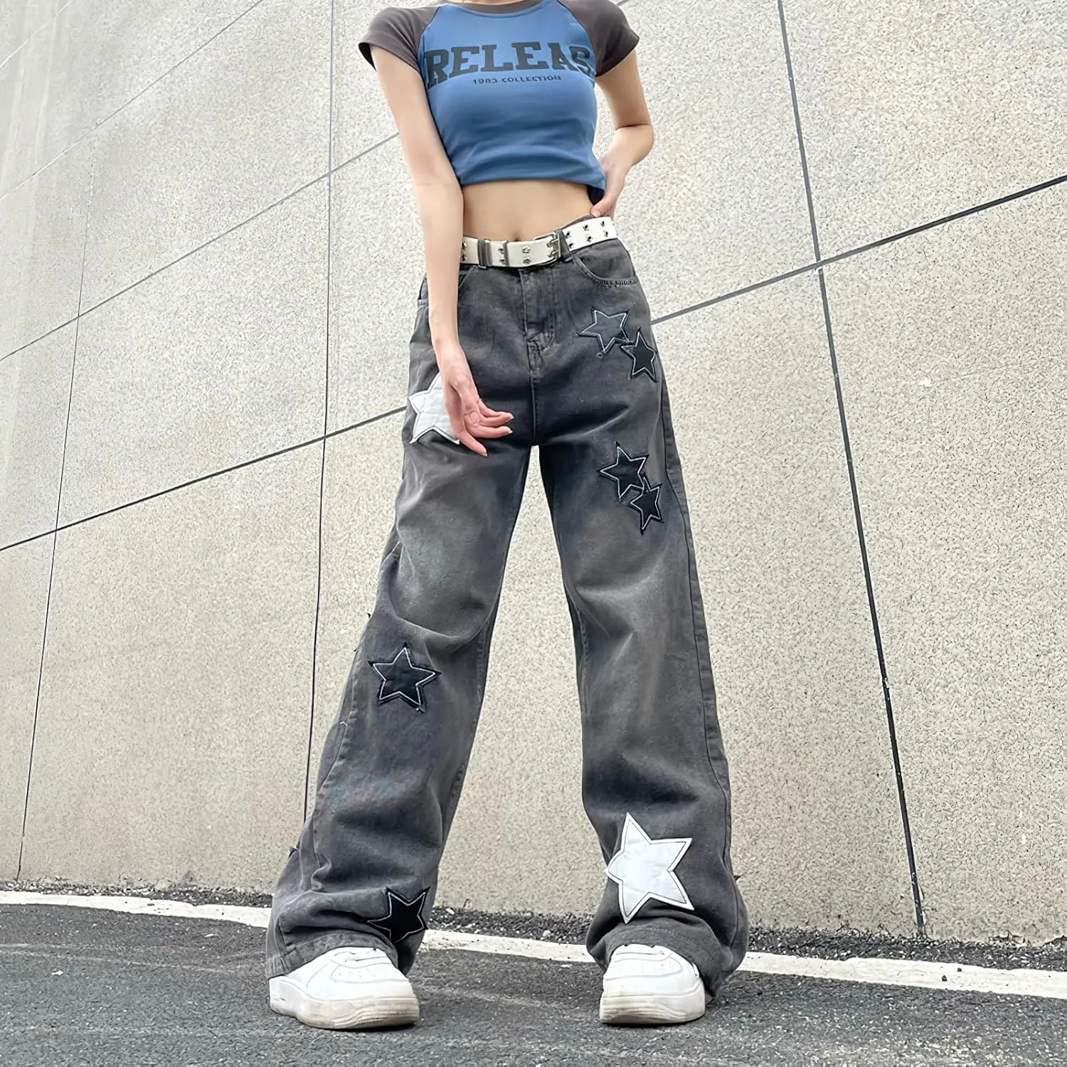 Women's Baggy Jeans Y2K Star Print High Waist Wide Leg Pants Casual E-Girl 90s Vintage Denim Trousers Streetwear