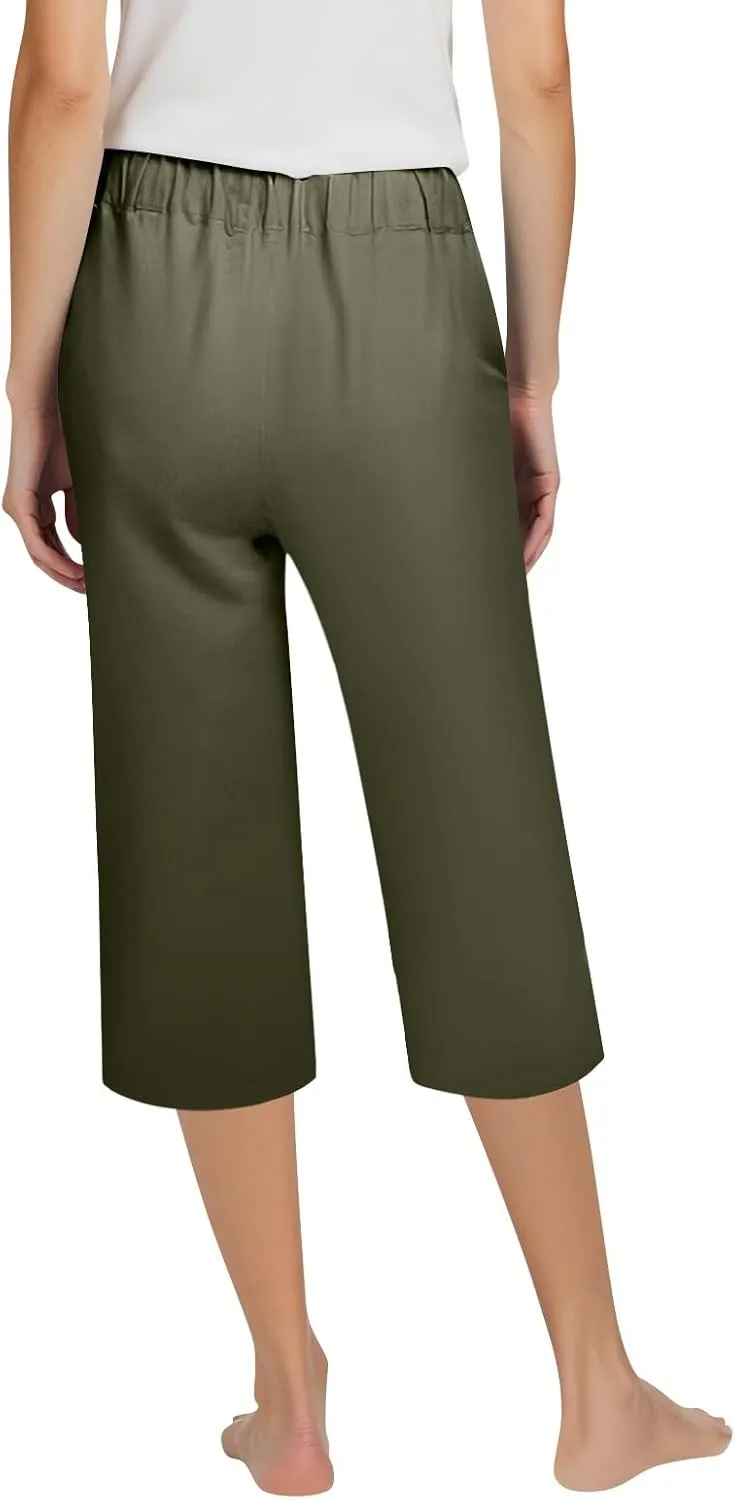Womens Capri Pants 2025 Summer Wide Leg Casual Solid Color High Waist Loose Cropped Trousers with Pockets