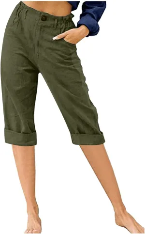 Womens Capri Pants Cotton Linen Cropped Pants Summer Trendy Elastic Waist Capris Fashion Wear Beach Vacation Trouser