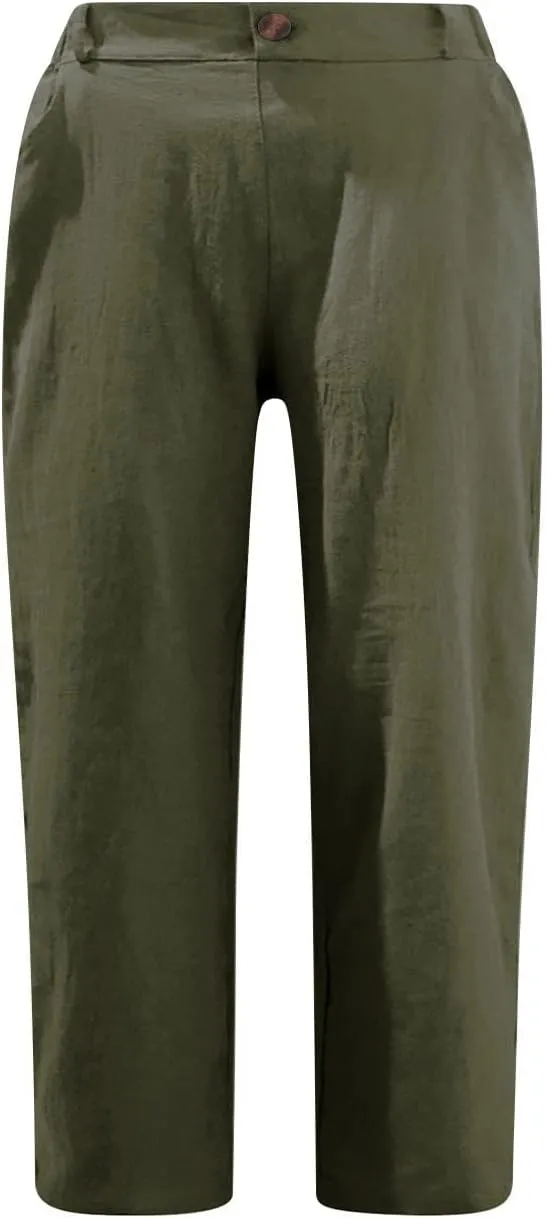 Womens Capri Pants Cotton Linen Cropped Pants Summer Trendy Elastic Waist Capris Fashion Wear Beach Vacation Trouser