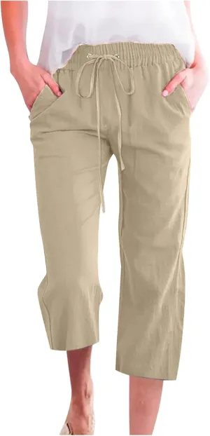 Womens Capri Pants Summer Cotton Linen Casual Pants Elastic Waist Beach Vacation Lounge Cropped Pants with Pockets
