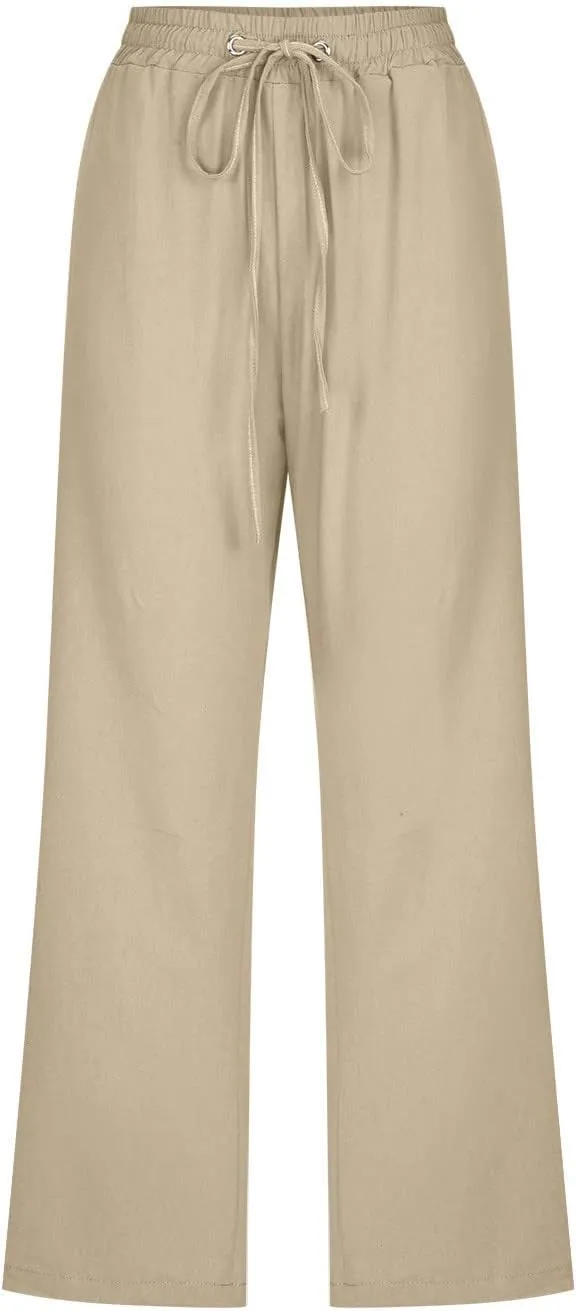 Womens Capri Pants Summer Cotton Linen Casual Pants Elastic Waist Beach Vacation Lounge Cropped Pants with Pockets