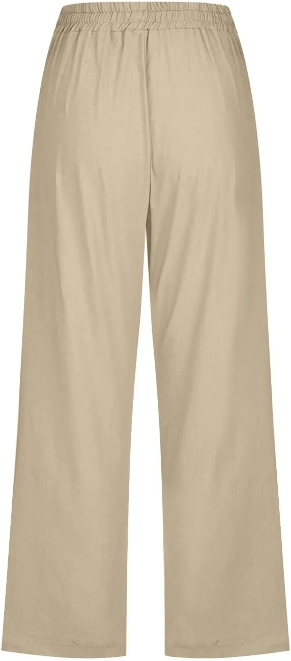 Womens Capri Pants Summer Cotton Linen Casual Pants Elastic Waist Beach Vacation Lounge Cropped Pants with Pockets