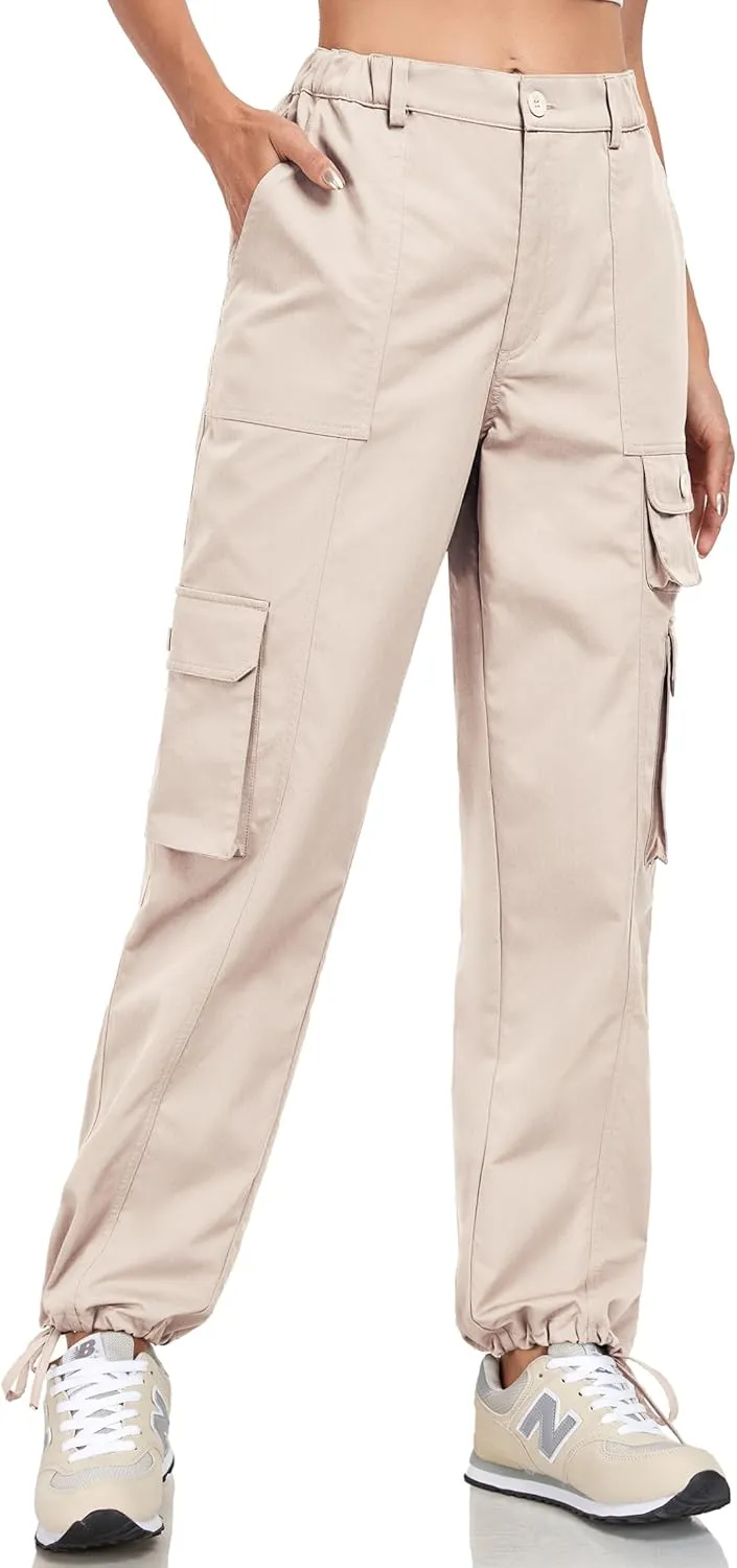 Women's Cargo Work Pants Elastic Waist Straight Leg Casual Travel Hiking Pants Loose Cotton Military Pants 7 Pockets