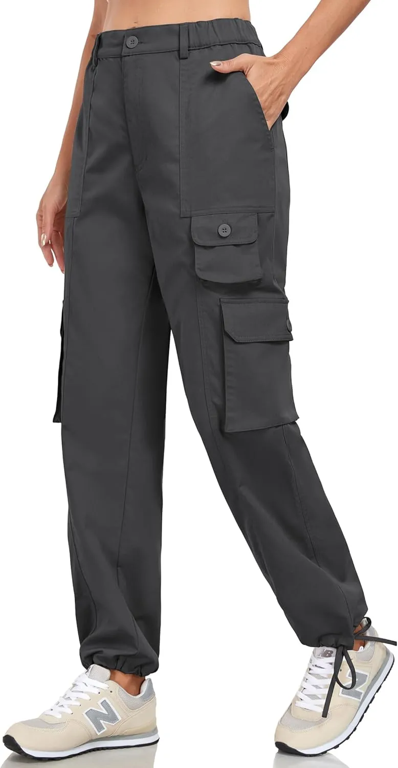 Women's Cargo Work Pants Elastic Waist Straight Leg Casual Travel Hiking Pants Loose Cotton Military Pants 7 Pockets