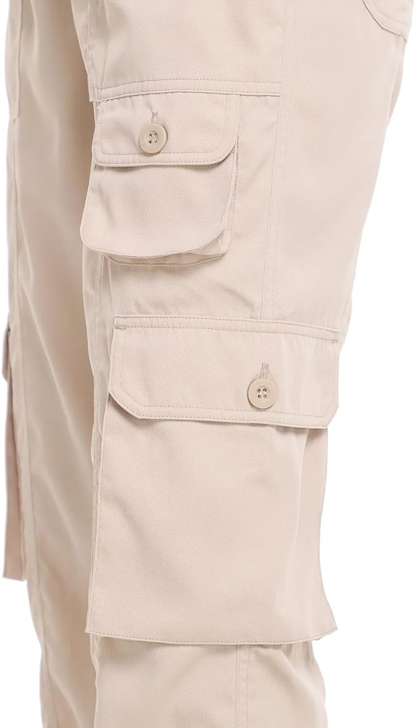 Women's Cargo Work Pants Elastic Waist Straight Leg Casual Travel Hiking Pants Loose Cotton Military Pants 7 Pockets