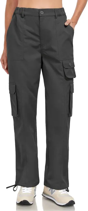 Women's Cargo Work Pants Elastic Waist Straight Leg Casual Travel Hiking Pants Loose Cotton Military Pants 7 Pockets