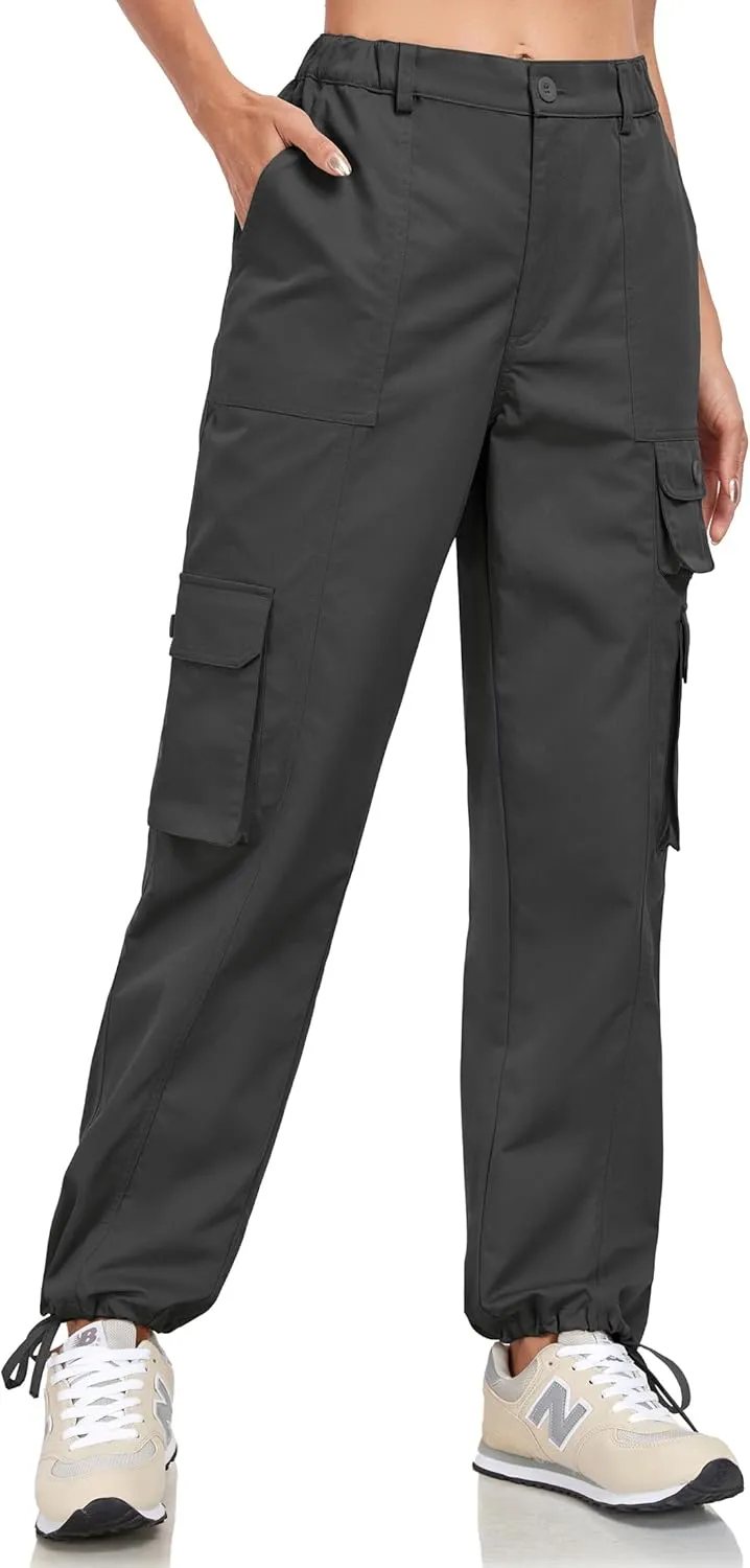 Women's Cargo Work Pants Elastic Waist Straight Leg Casual Travel Hiking Pants Loose Cotton Military Pants 7 Pockets