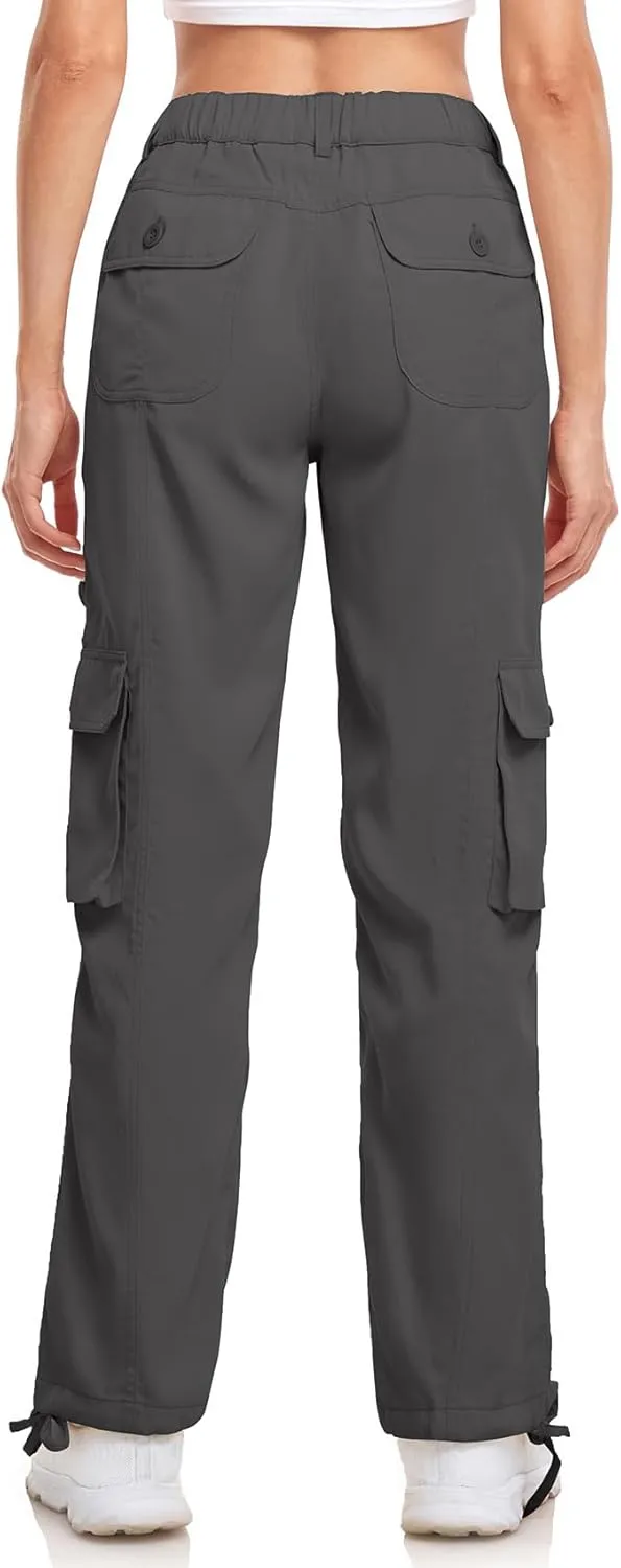 Women's Cargo Work Pants Elastic Waist Straight Leg Casual Travel Hiking Pants Loose Cotton Military Pants 7 Pockets