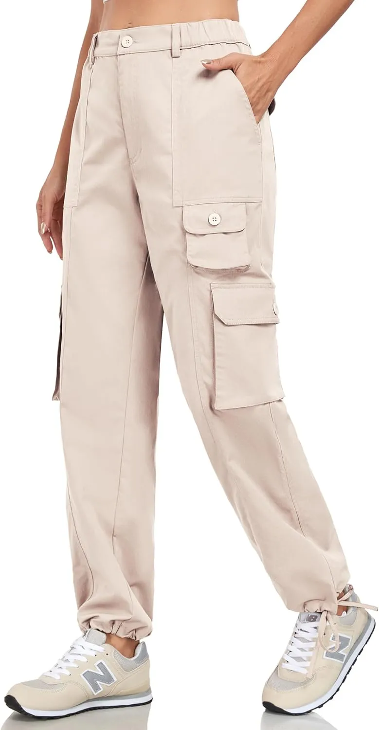Women's Cargo Work Pants Elastic Waist Straight Leg Casual Travel Hiking Pants Loose Cotton Military Pants 7 Pockets