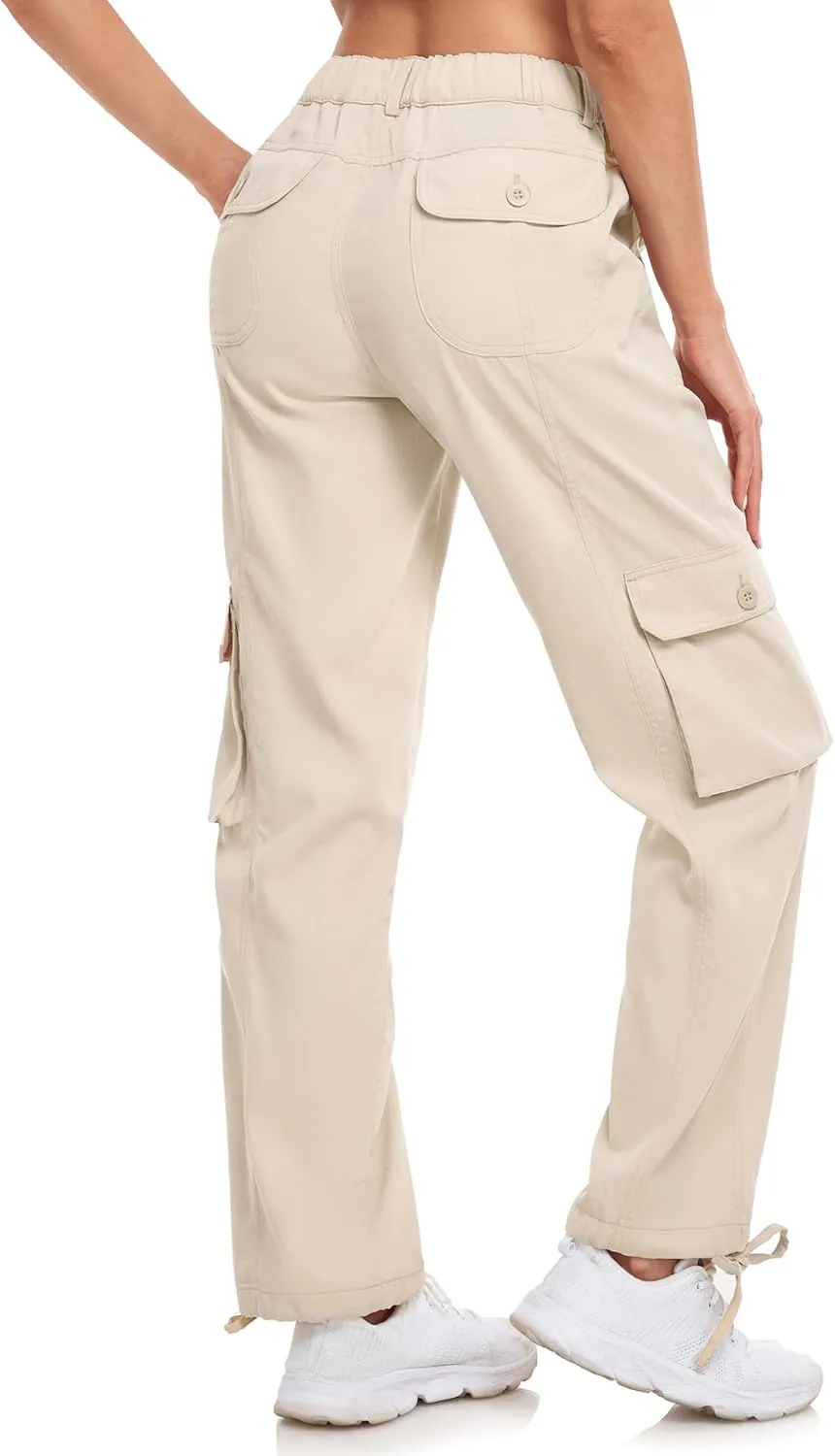 Women's Cargo Work Pants Elastic Waist Straight Leg Casual Travel Hiking Pants Loose Cotton Military Pants 7 Pockets