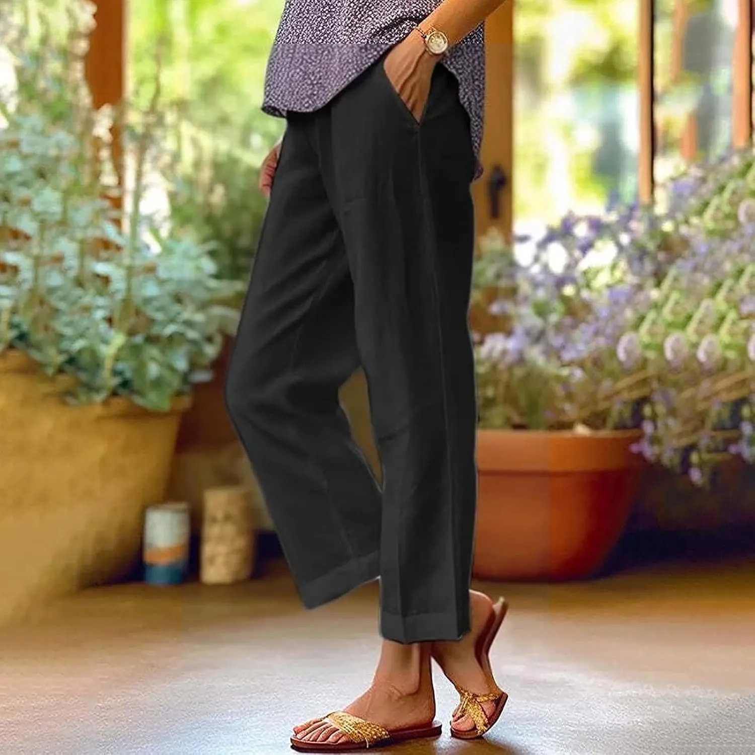 Womens Casual Cotton Linen Pants Lightweight Summer Relax Fit Elastic Waist Plus Size Solid Lounge Long Trousers