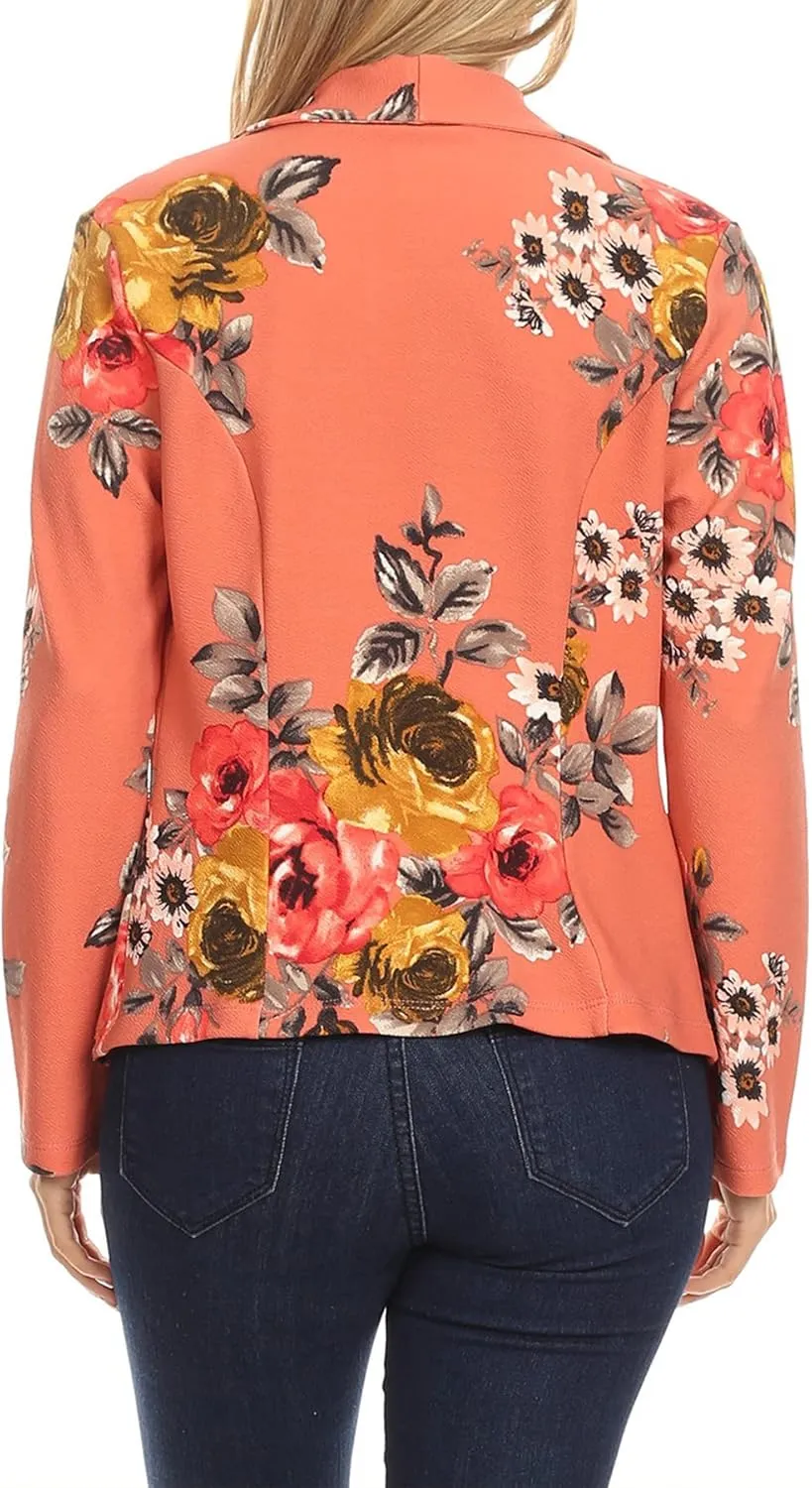 Women's Casual Floral Print Fitted Open Front Long Sleeves Office Blazer Jacket