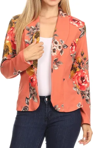 Women's Casual Floral Print Fitted Open Front Long Sleeves Office Blazer Jacket