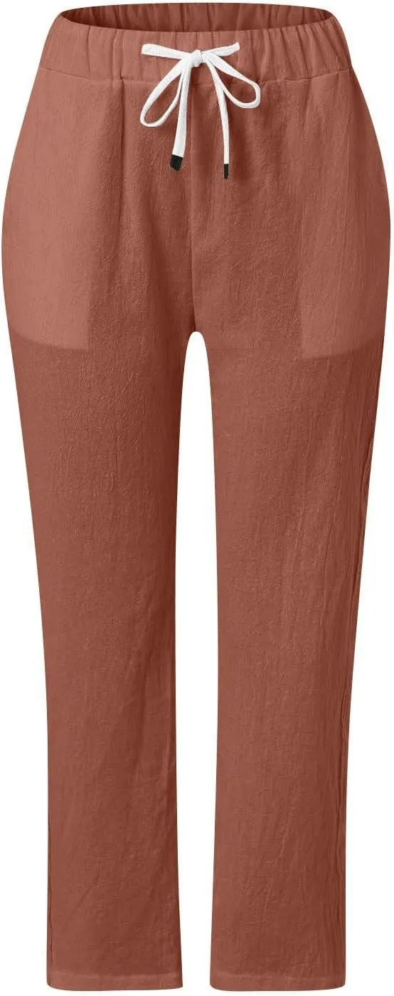 Womens Casual Lightweight Drawstring Elastic Waist Pants with Pockets Trendy Beach Straight Leg Slacks Capri Trousers