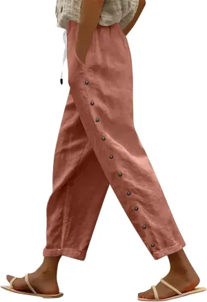 Womens Casual Lightweight Drawstring Elastic Waist Pants with Pockets Trendy Beach Straight Leg Slacks Capri Trousers