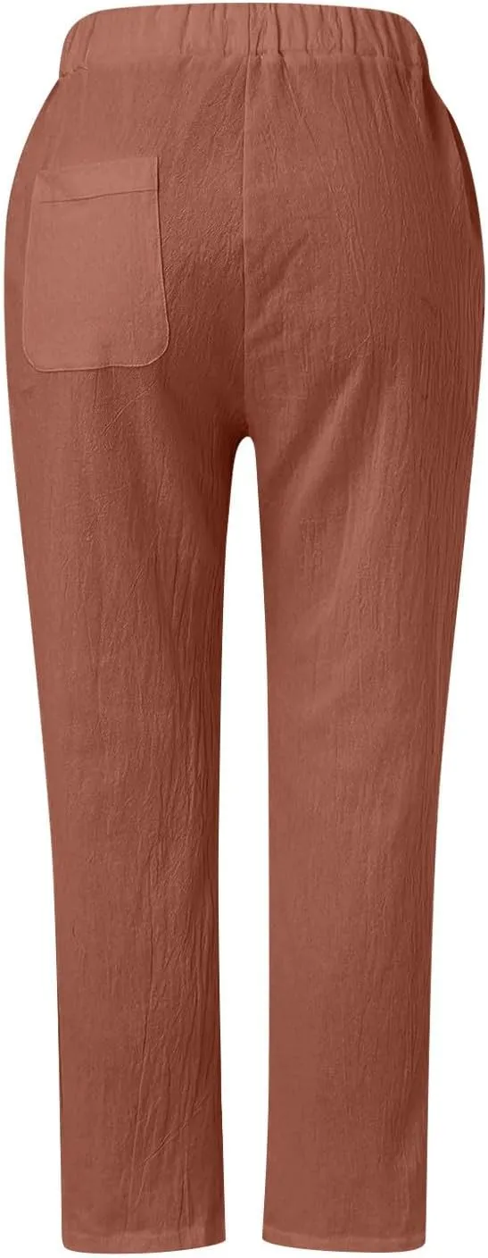 Womens Casual Lightweight Drawstring Elastic Waist Pants with Pockets Trendy Beach Straight Leg Slacks Capri Trousers