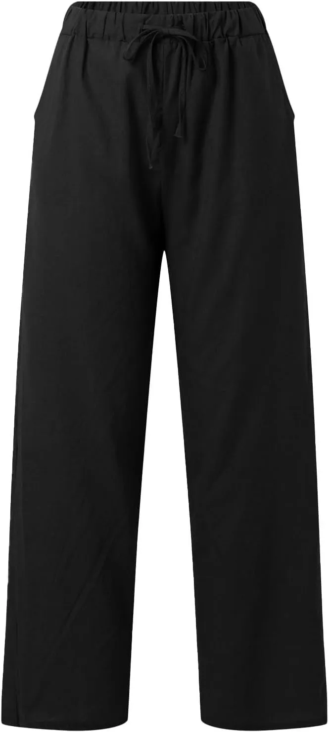 Womens Casual Lightweight Linen Pants Casual Elastic Drawstring Cotton Pants Baggy Comfort Trousers with Pocket