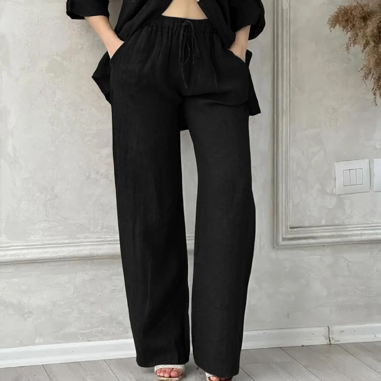 Womens Casual Lightweight Linen Pants Casual Elastic Drawstring Cotton Pants Baggy Comfort Trousers with Pocket