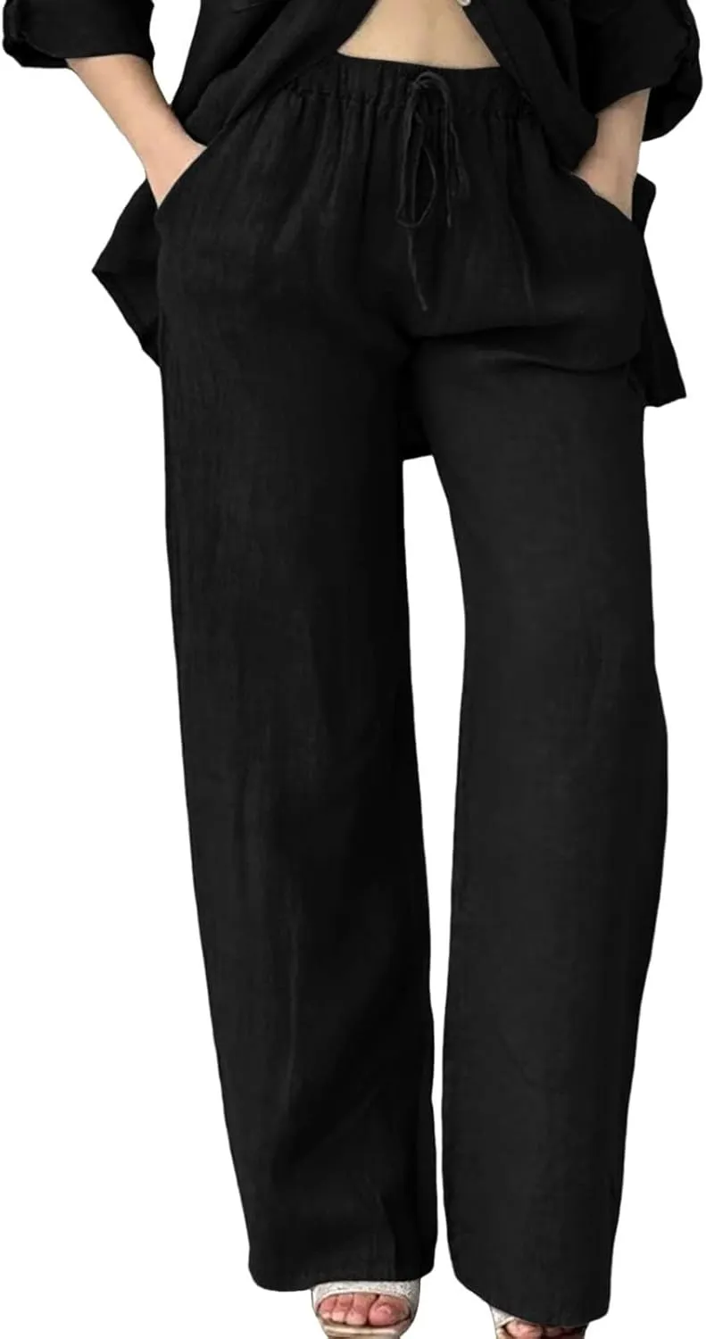 Womens Casual Lightweight Linen Pants Casual Elastic Drawstring Cotton Pants Baggy Comfort Trousers with Pocket