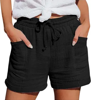 Women's Casual Linen Short Solid Color High Waist Shorts Summer Beach Sports Workout Outfits Clothing with Pockets