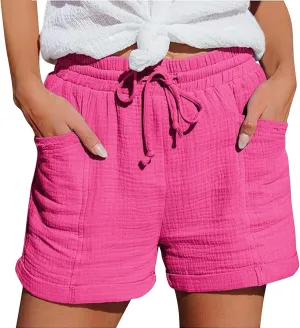Women's Casual Linen Short Solid Color High Waist Shorts Summer Beach Sports Workout Outfits Clothing with Pockets