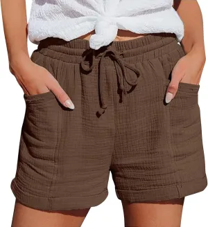 Women's Casual Linen Short Solid Color High Waist Shorts Summer Beach Sports Workout Outfits Clothing with Pockets