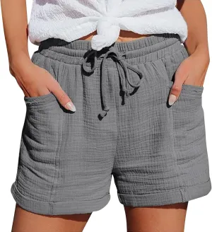 Women's Casual Linen Short Solid Color High Waist Shorts Summer Beach Sports Workout Outfits Clothing with Pockets