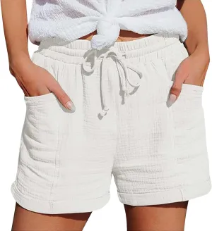 Women's Casual Linen Short Solid Color High Waist Shorts Summer Beach Sports Workout Outfits Clothing with Pockets