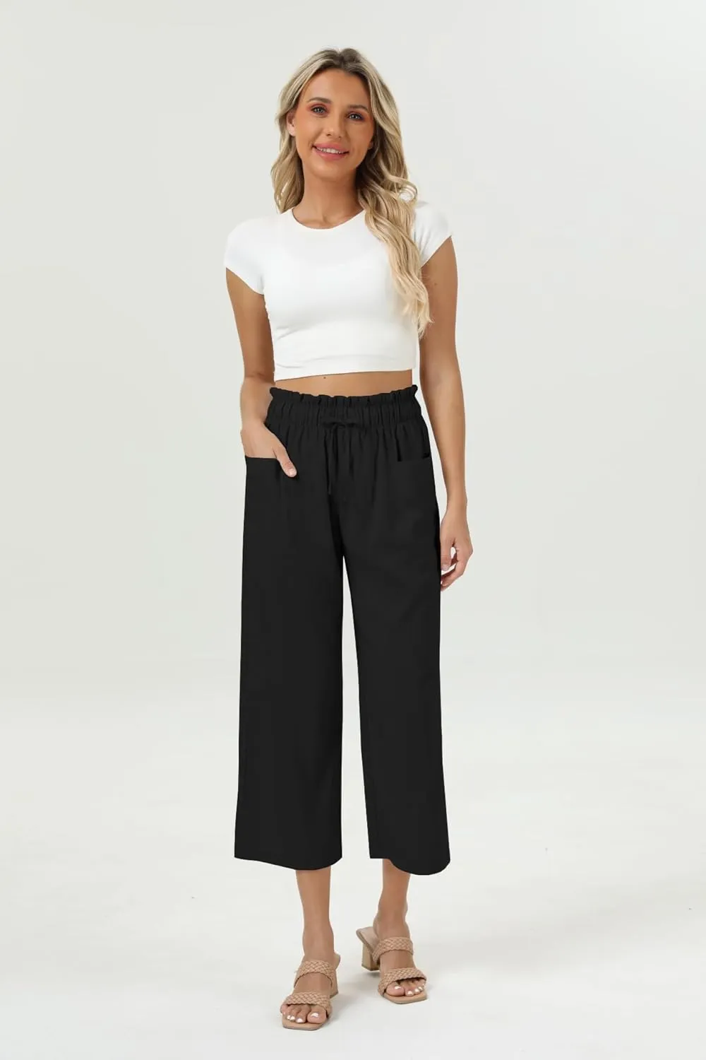 Womens Casual Linen Wide Leg Pants High Waist Drawstring Flowy Palazzo Trousers with Pockets