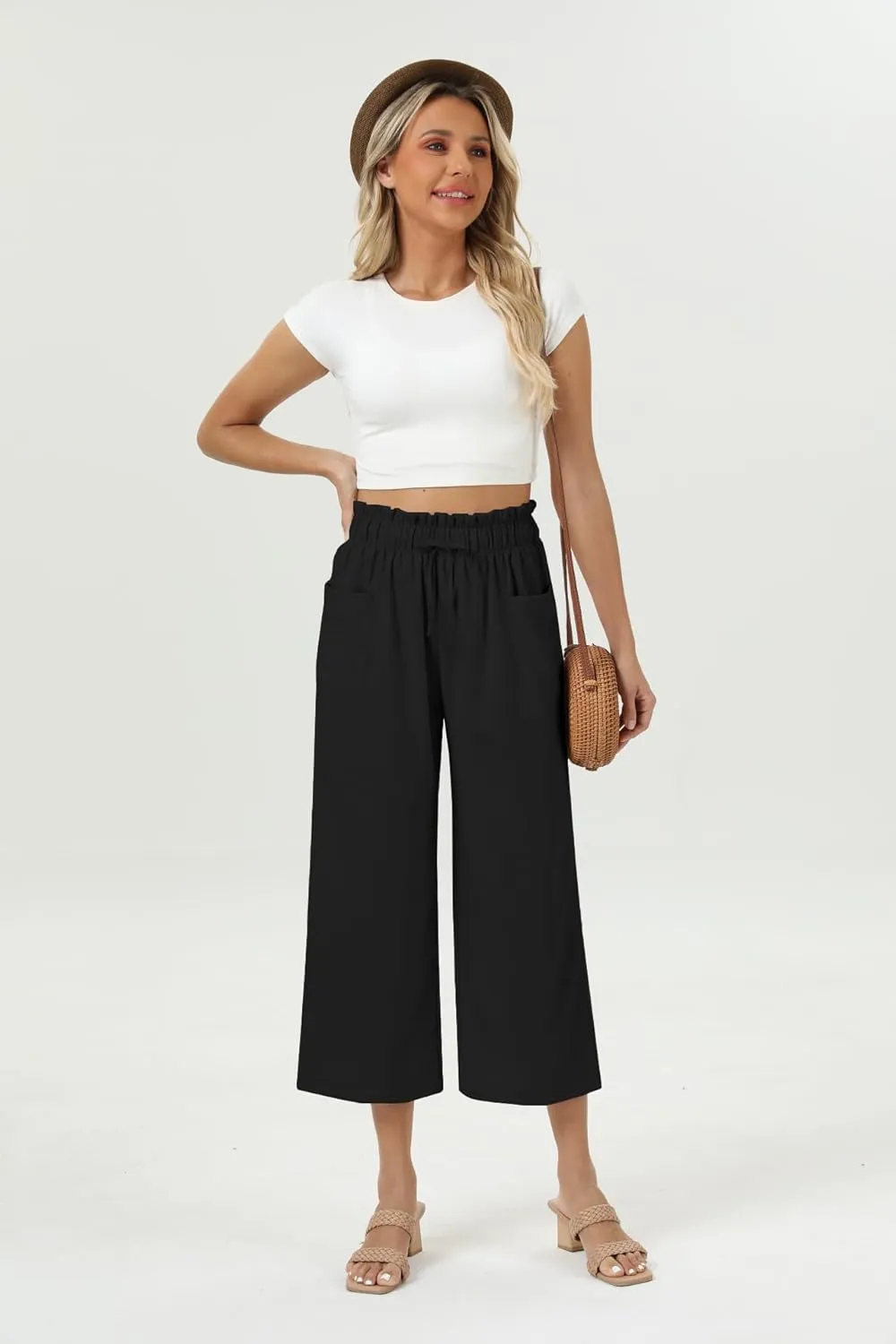 Womens Casual Linen Wide Leg Pants High Waist Drawstring Flowy Palazzo Trousers with Pockets