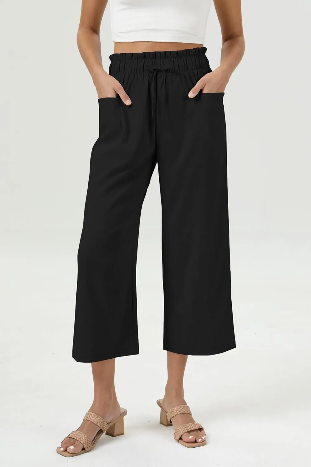 Womens Casual Linen Wide Leg Pants High Waist Drawstring Flowy Palazzo Trousers with Pockets