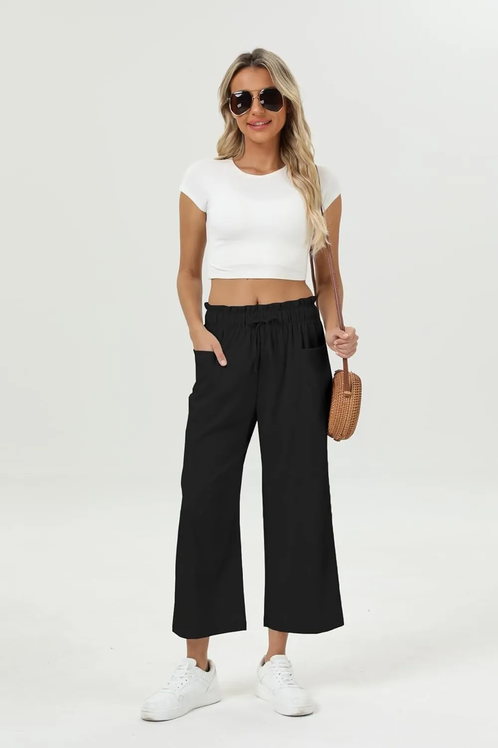 Womens Casual Linen Wide Leg Pants High Waist Drawstring Flowy Palazzo Trousers with Pockets