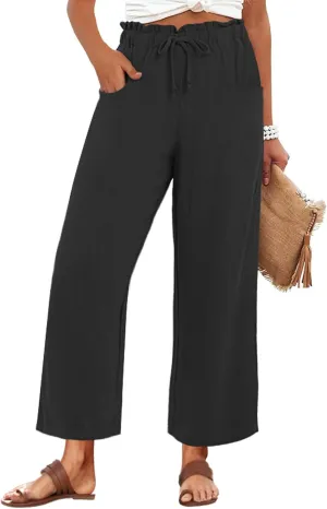 Womens Casual Linen Wide Leg Pants High Waist Drawstring Flowy Palazzo Trousers with Pockets