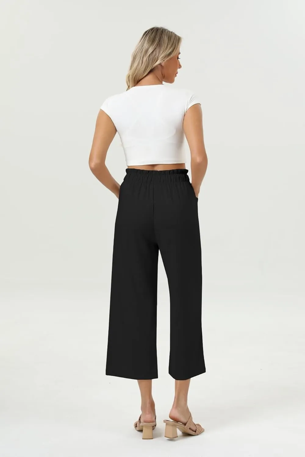Womens Casual Linen Wide Leg Pants High Waist Drawstring Flowy Palazzo Trousers with Pockets